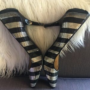 Michael Kors Silver & Black Striped Sequin Pump